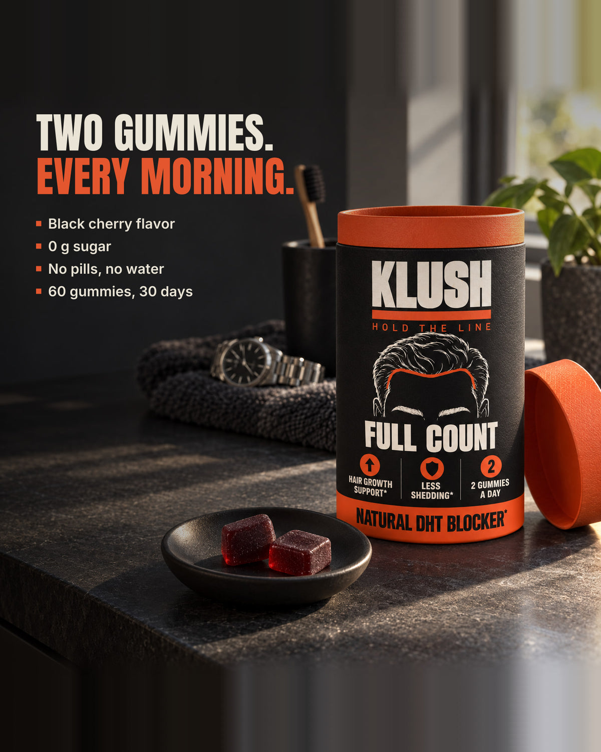 Two gummies every morning: black cherry flavor, 0 g sugar, no pills or water, 60 gummies for 30 days