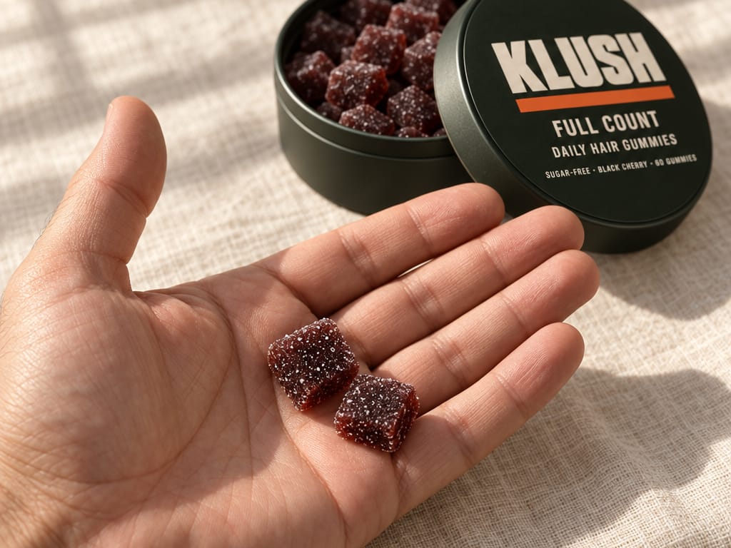 A man's open hand holding two black-cherry gummies over bone linen, the open tin beside it, soft daylight