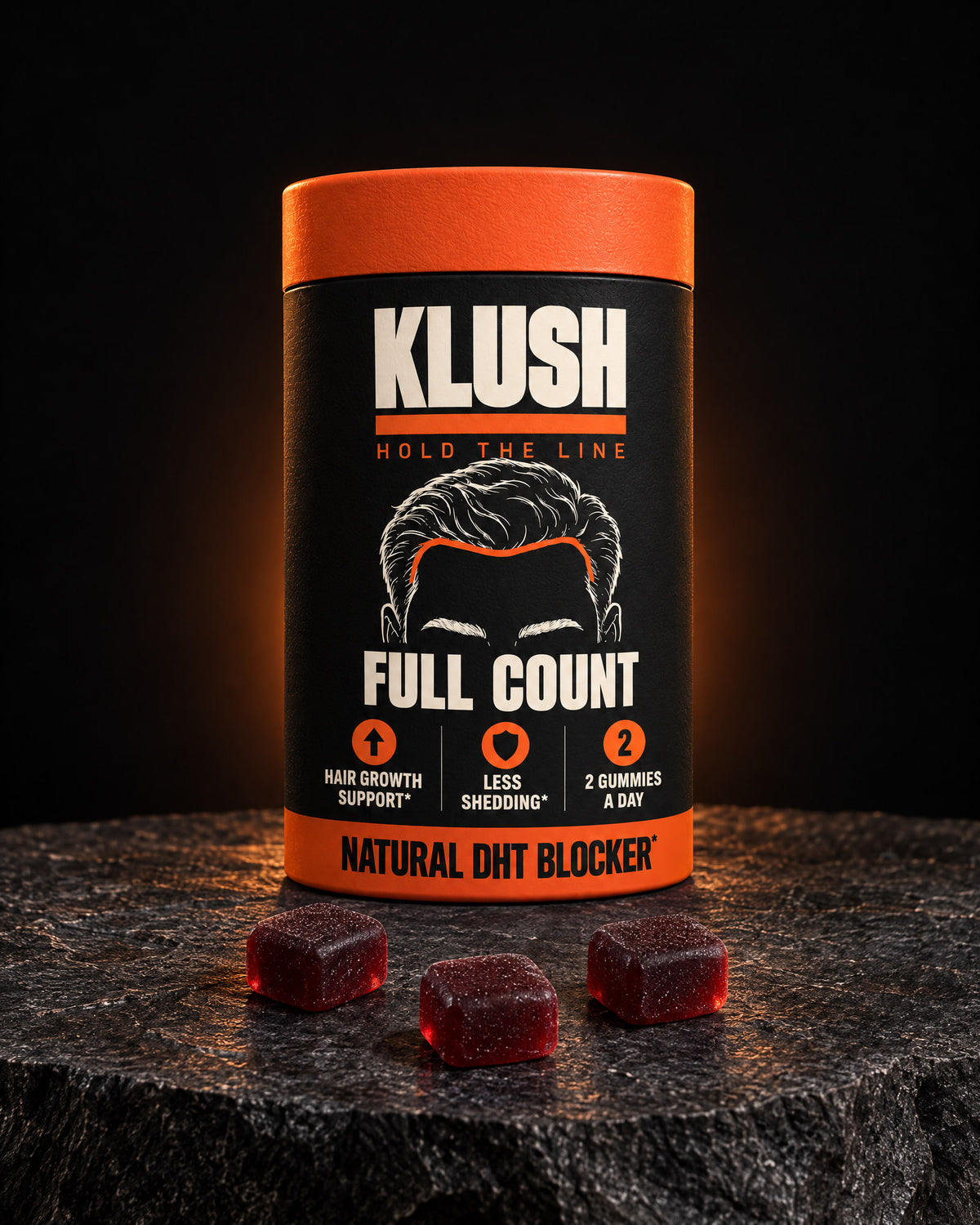 A Full Count can of black cherry hair gummies on dark stone
