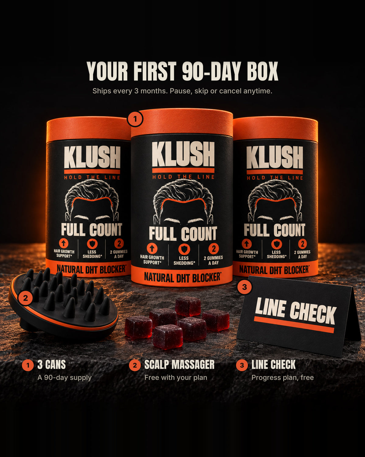 The first 90-day box: three cans, a free scalp massager and the Line Check progress plan