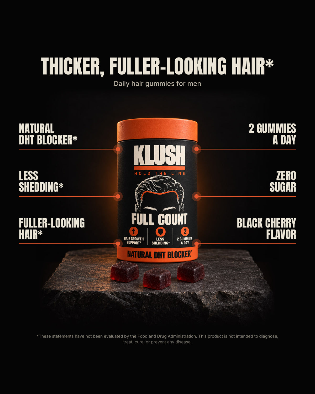The Full Count can with its callouts: natural DHT blocker, less shedding, fuller-looking hair, 2 gummies a day, zero sugar, black cherry flavor