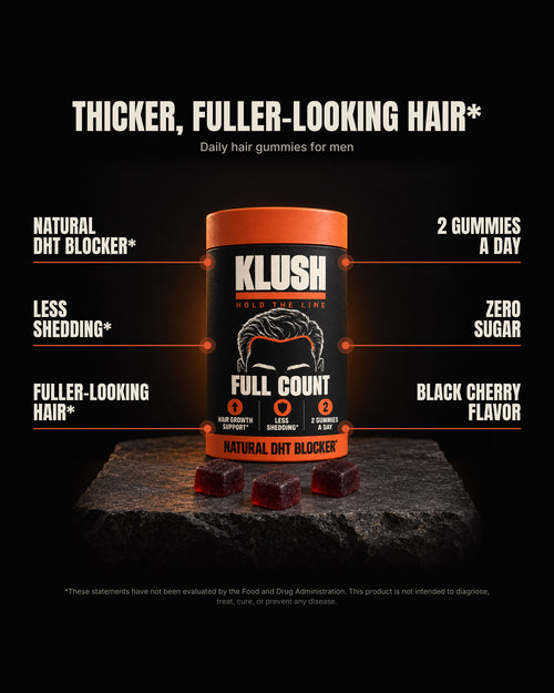 The Full Count can with its callouts: natural DHT blocker, less shedding, fuller-looking hair, 2 gummies a day, zero sugar, black cherry flavor