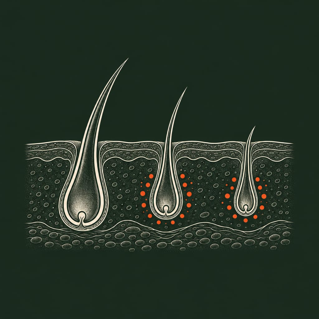 The step 1 line drawing on deep green, three hair follicles going from full to thin, fine bone lines with orange accents