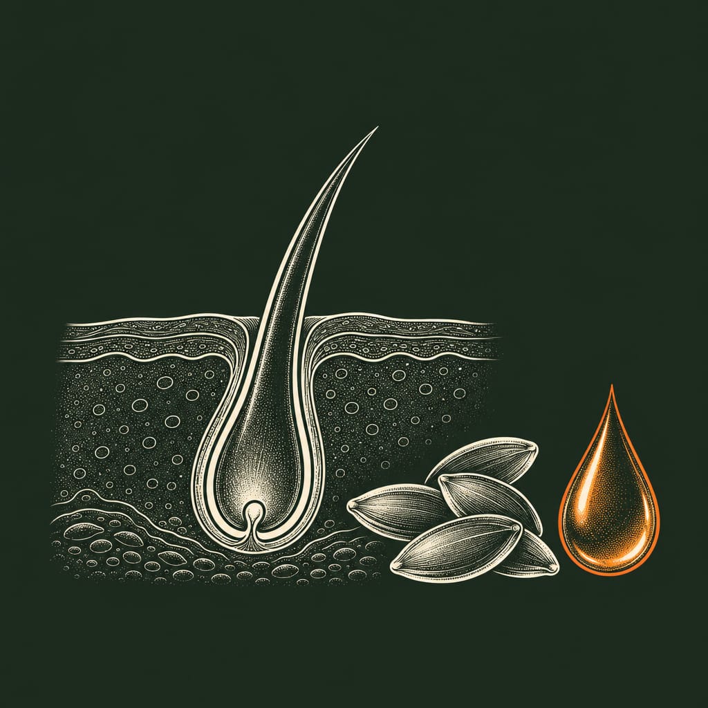 The step 3 line drawing on deep green, a healthy hair follicle fed by pumpkin seed oil and the other nutrients, fine bone