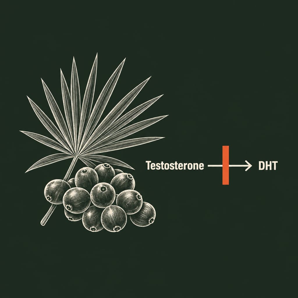 The step 2 line drawing on deep green, saw palmetto beside testosterone turning into DHT, fine bone lines with orange accents