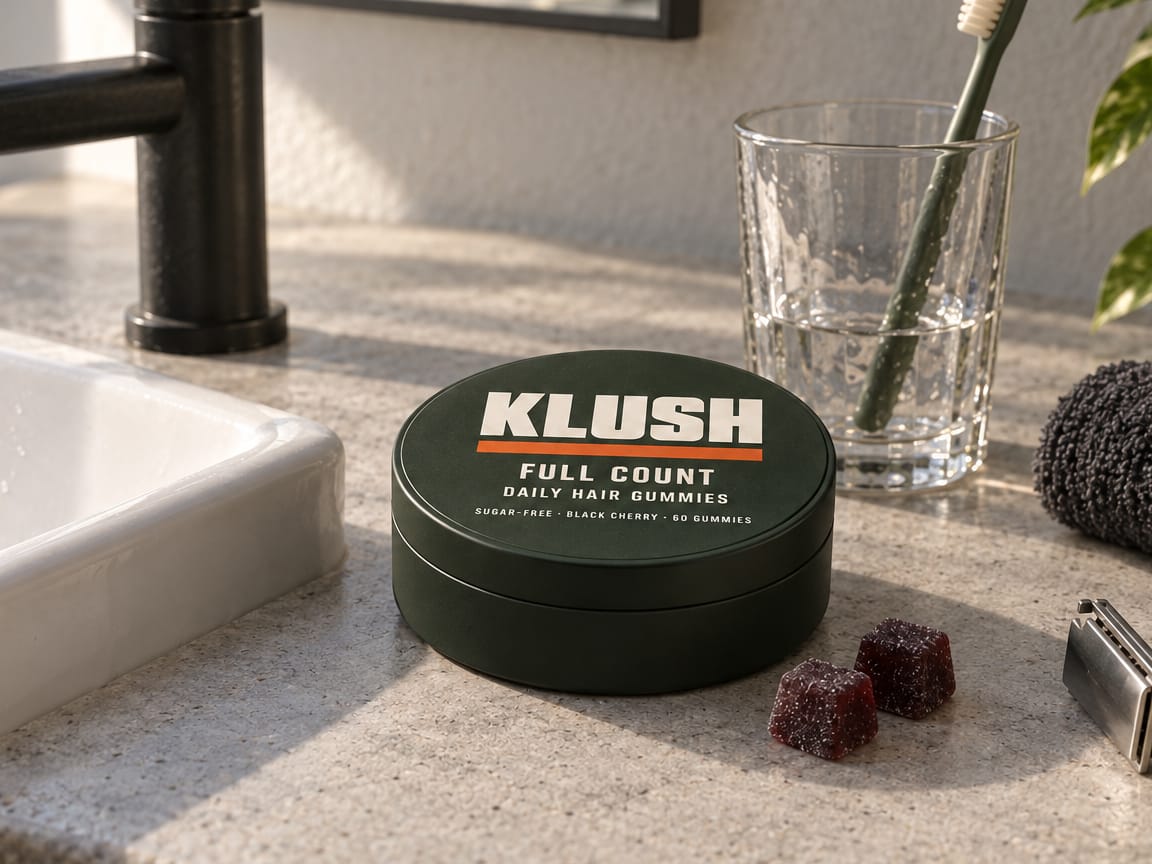 Morning light on a stone bathroom counter by the sink, the closed Full Count tin and two black-cherry gummies beside it
